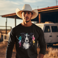 Mens Border Collie Watercolour Long Sleeve T-Shirt