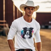 Mens Border Collie Watercolour Long Sleeve T-Shirt